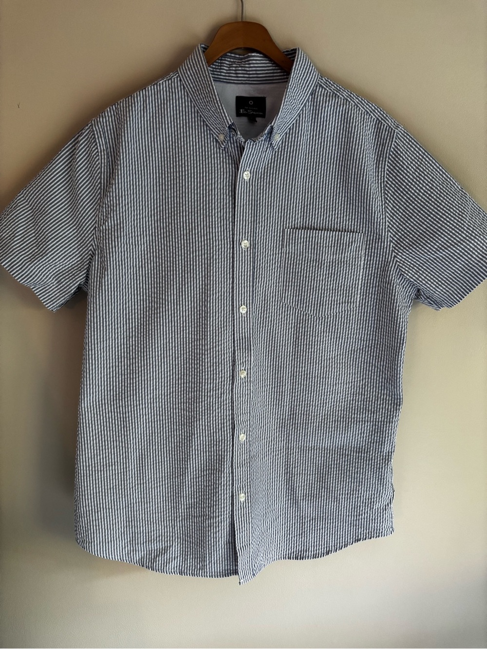 Ben Sherman Mens L Blue Seersucker Short Sleeve Button Down Shirt Striped Mod